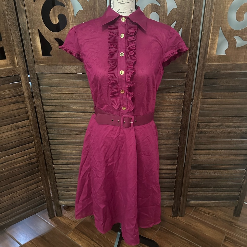 Antonio Melani Sheer Burgundy Ruffle Dress